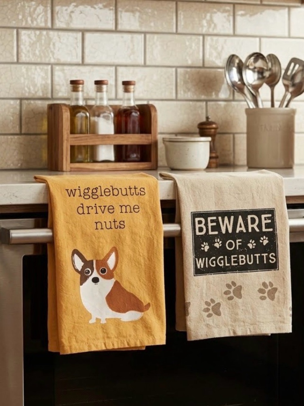 Set of 2 Dog-Themed Kitchen Towels - Yellow & Tan
